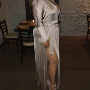 Champagne dress. Double high split. Belted.